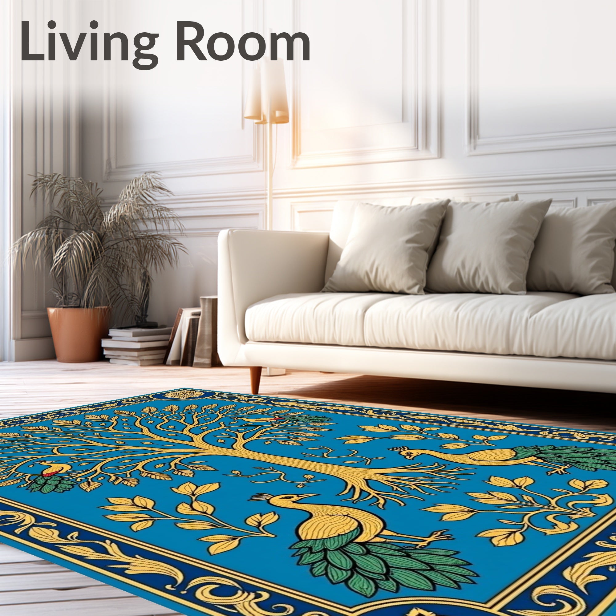 Golden Tree And Peacock Pattern Accent Rug