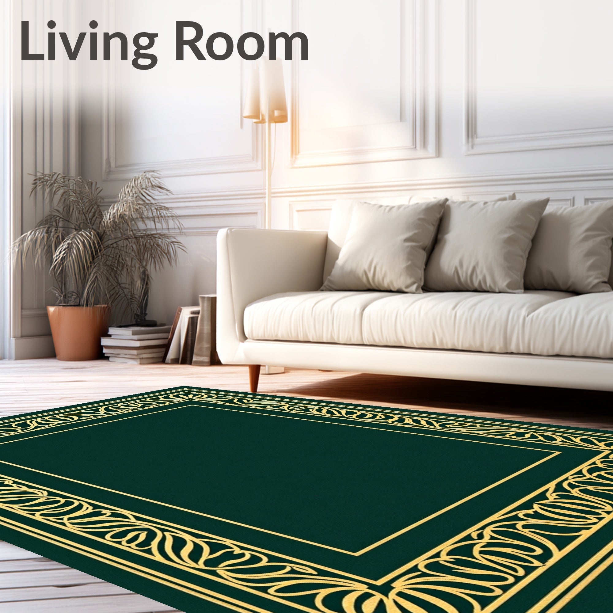 Emerald Green Golden Floral Border Rug