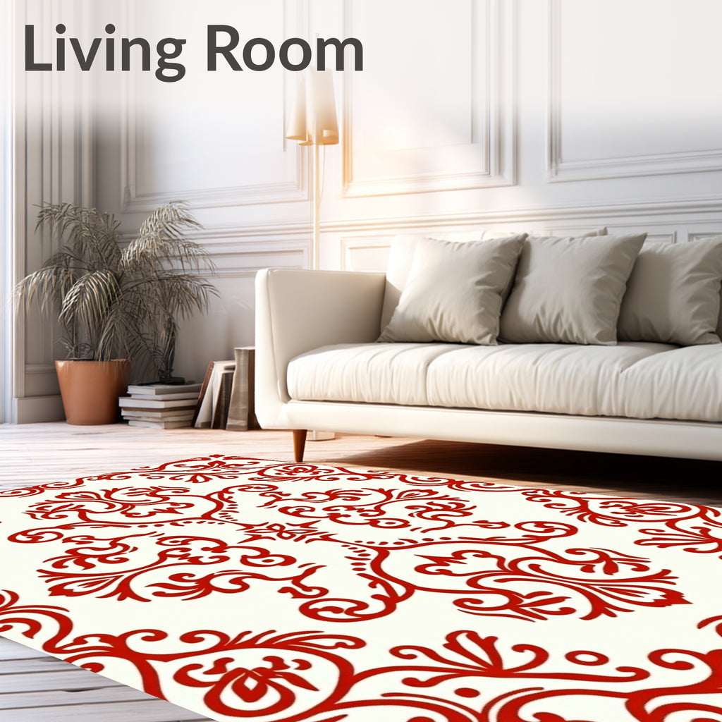 Elegant Red Damask Scroll Pattern Rug