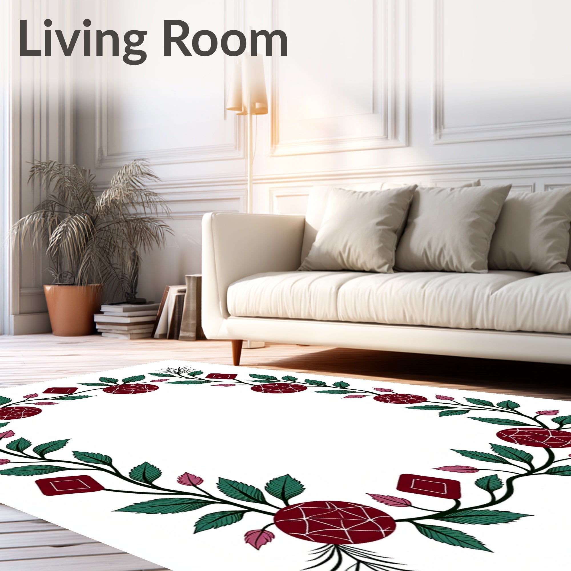 Floral Vine Geometric Pattern Border Rug
