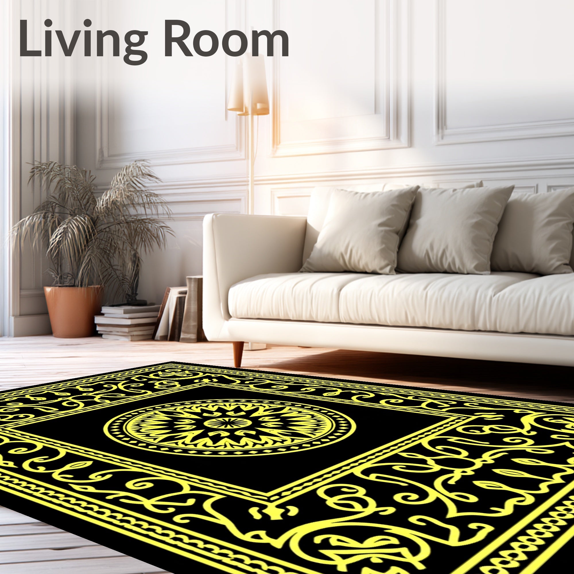 Ornate Yellow Black Geometric Medallion Design Rug