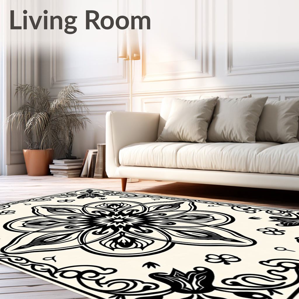 Elegant Black Floral Mandala Design Rug