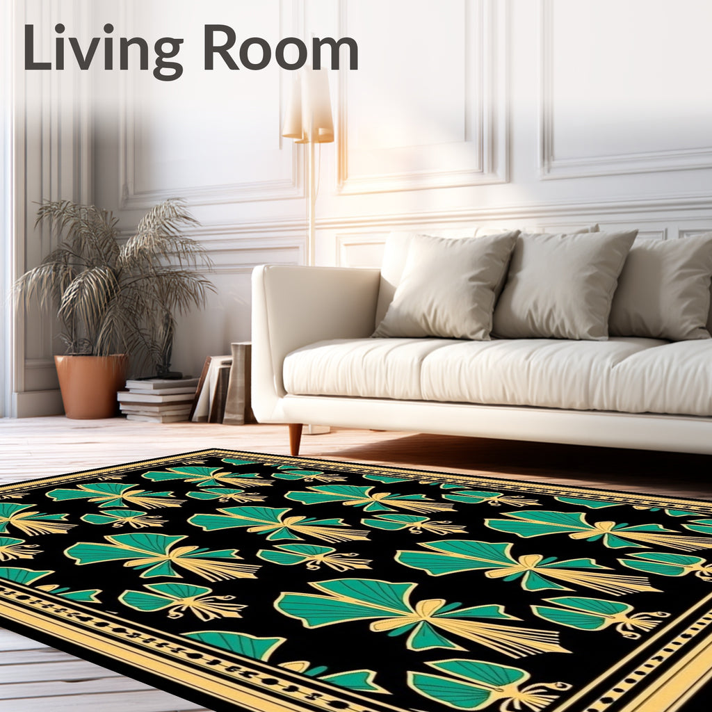 Elegant Gold Green Fan Pattern Rug