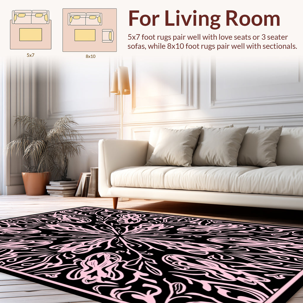Pink And Black Floral Mandala Design Rug