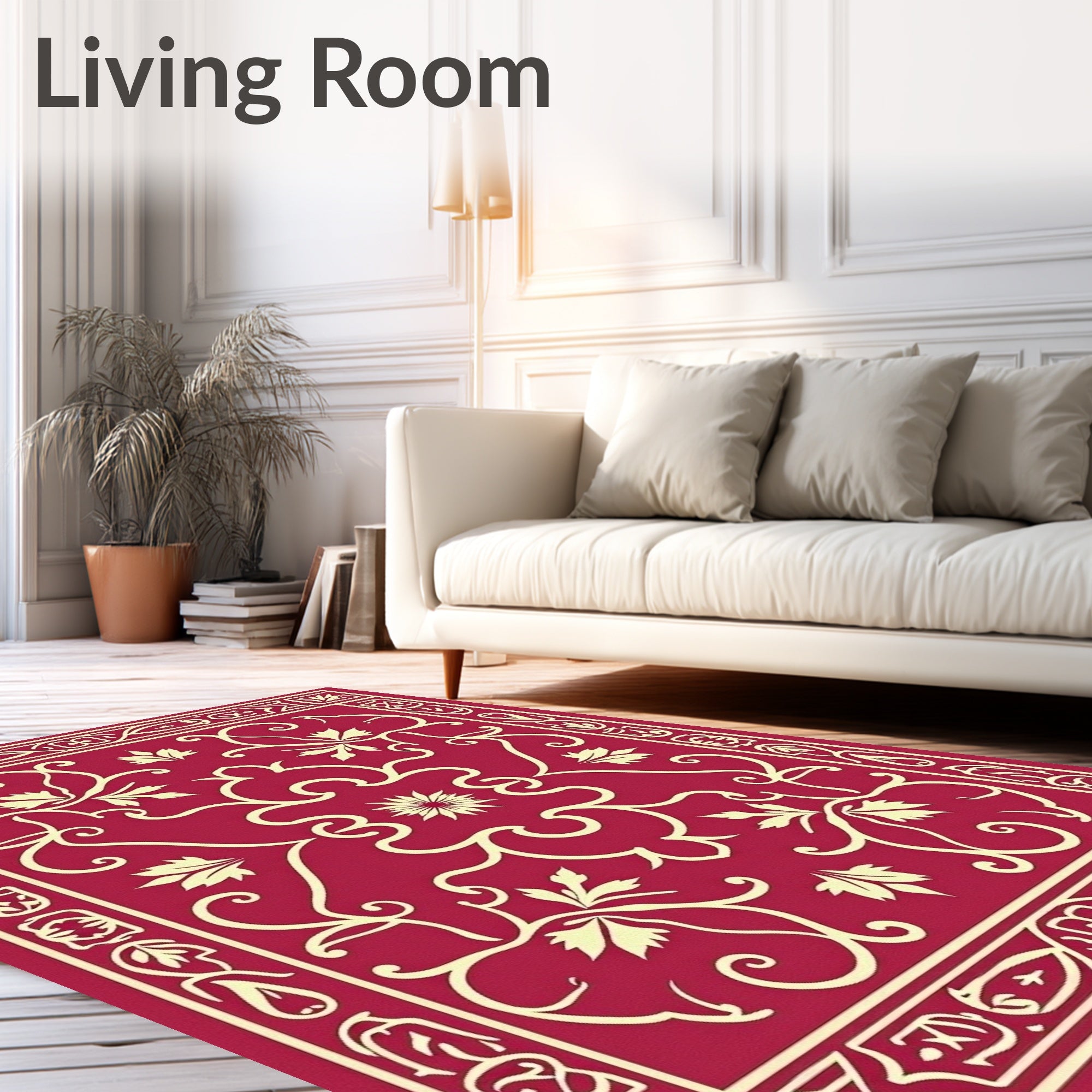 Elegant Red Cream Floral Scrollwork Design Rug