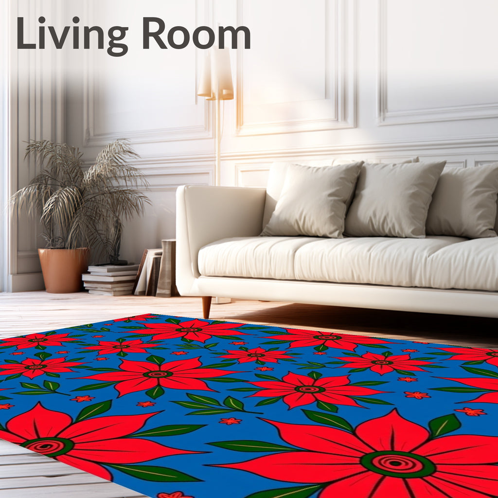 Vibrant Red Flower Garden Blue Rug