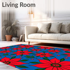 Vibrant Red Flower Garden Blue Rug