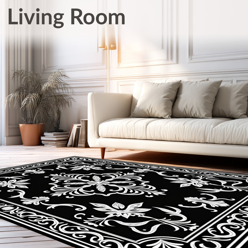 Classic Black White Floral Scroll Design Rug