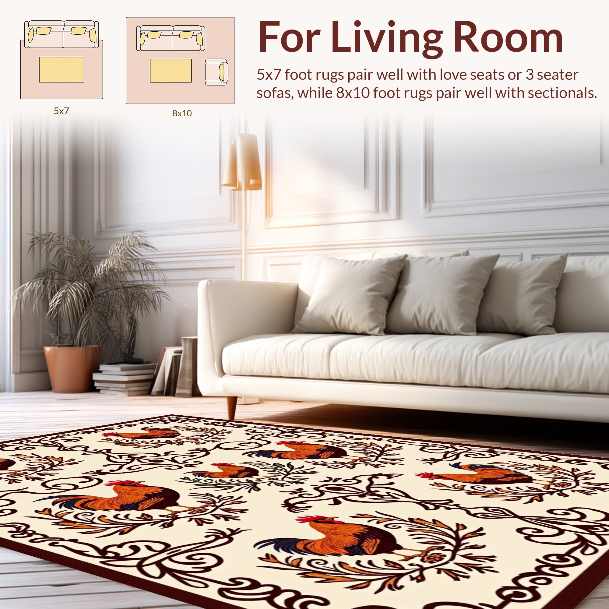 Rustic Rooster Floral Scroll Pattern Rug
