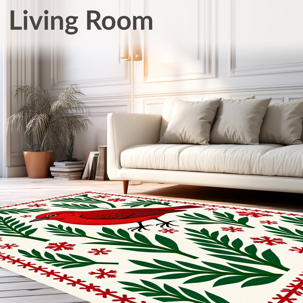 Red Bird Snowflake Botanical Border Rug
