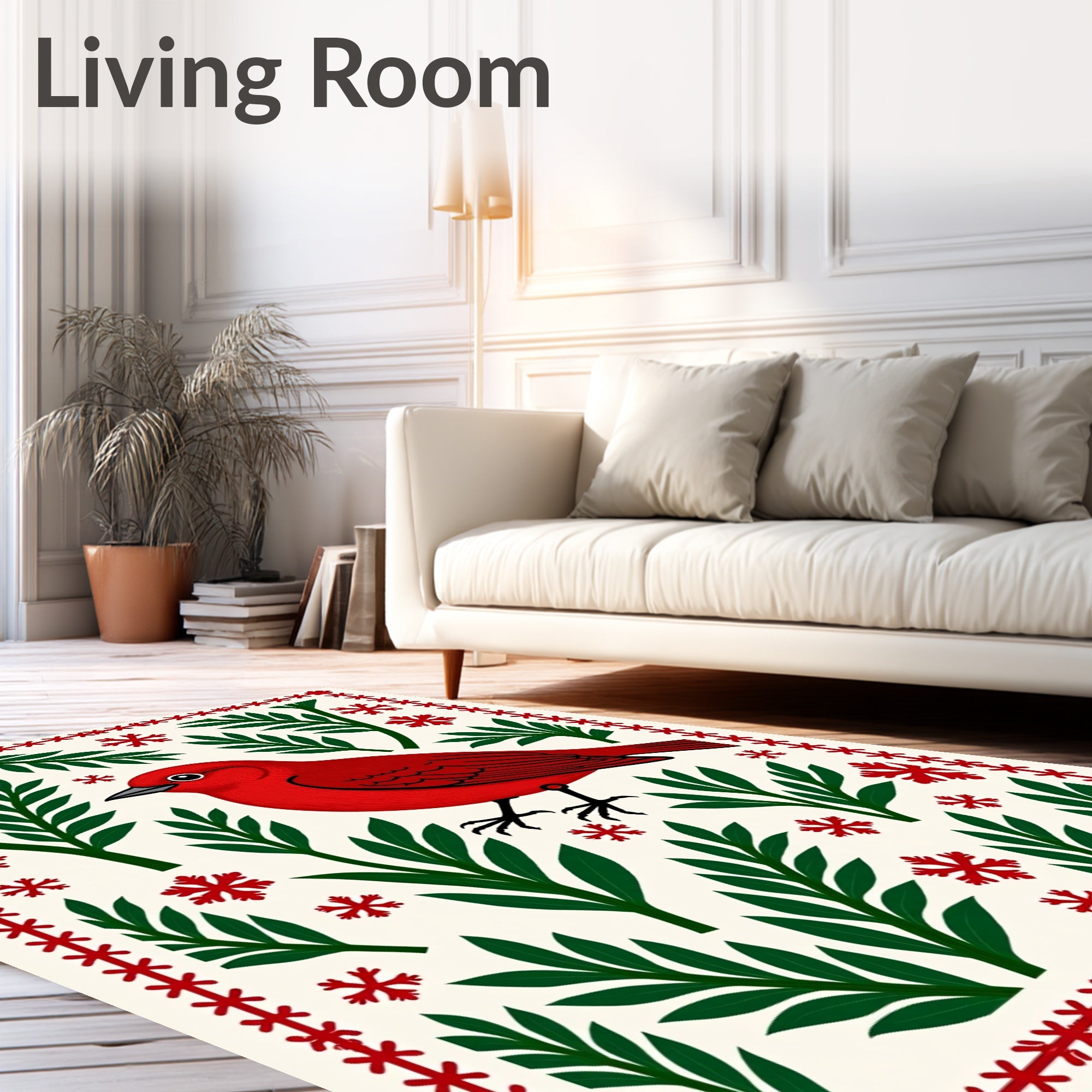 Red Bird Snowflake Botanical Border Rug