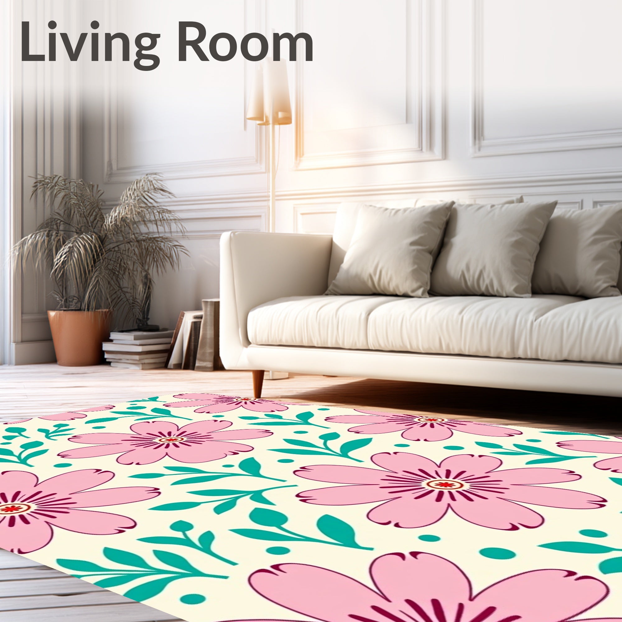 Pink Flower Leaf Pattern Rug