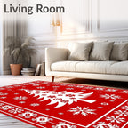 Festive Red White Tree Snowflakes Pattern Rug