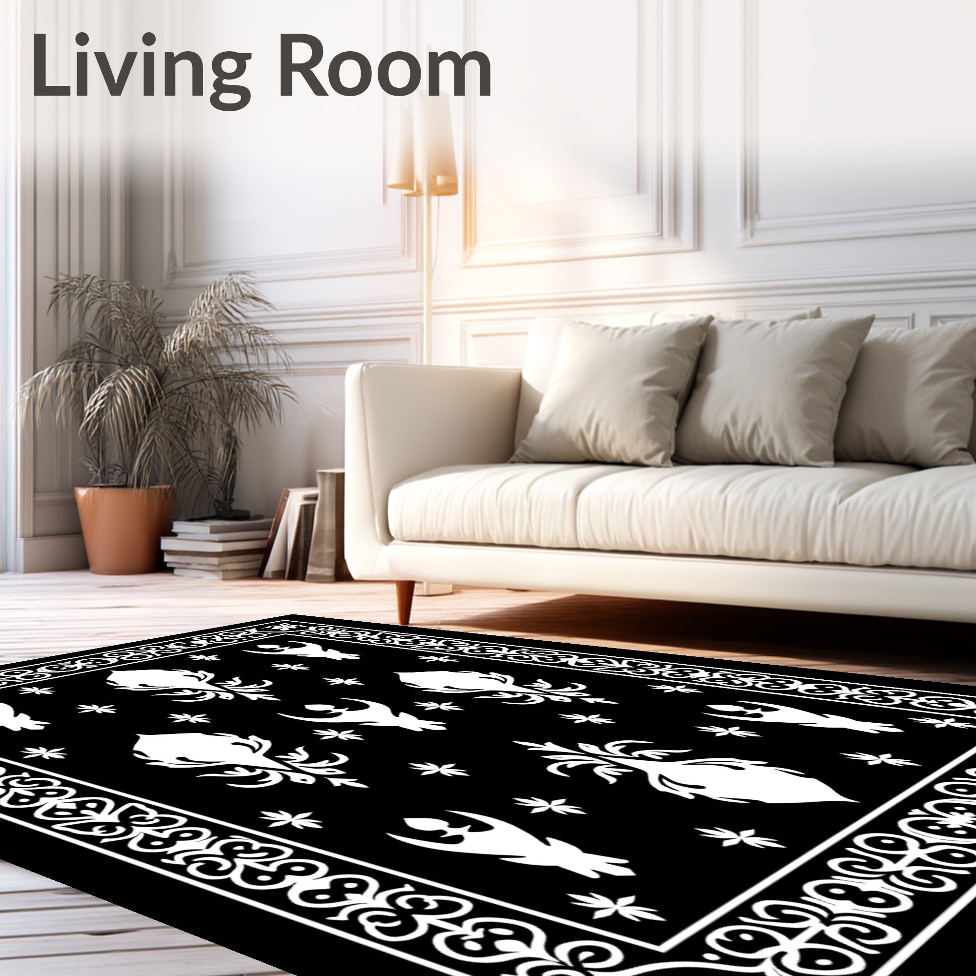 Ornate Black White Damask Pattern Rug