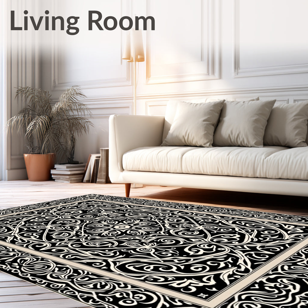 Bold Black White Scroll Pattern Rug