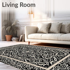 Bold Black White Scroll Pattern Rug