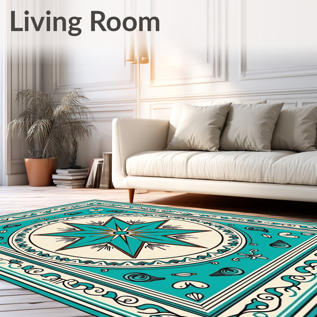 Teal Nautical Star Border Design Rug