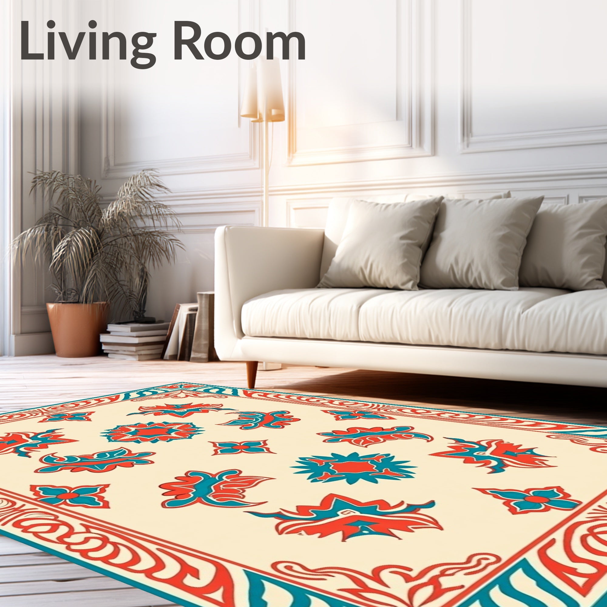 Red Teal Floral Garden Pattern Rug
