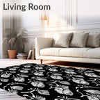 White Feathered Branches Black Background Rug