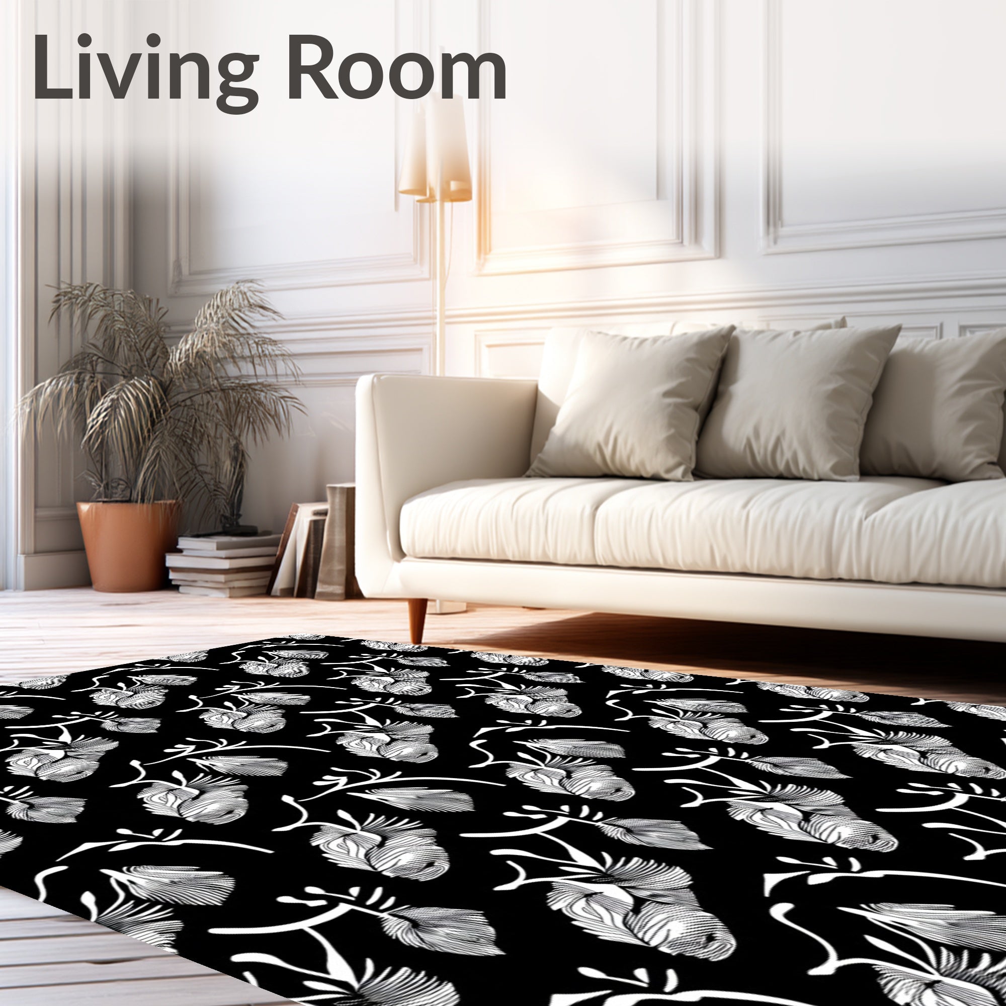 White Feathered Branches Black Background Rug