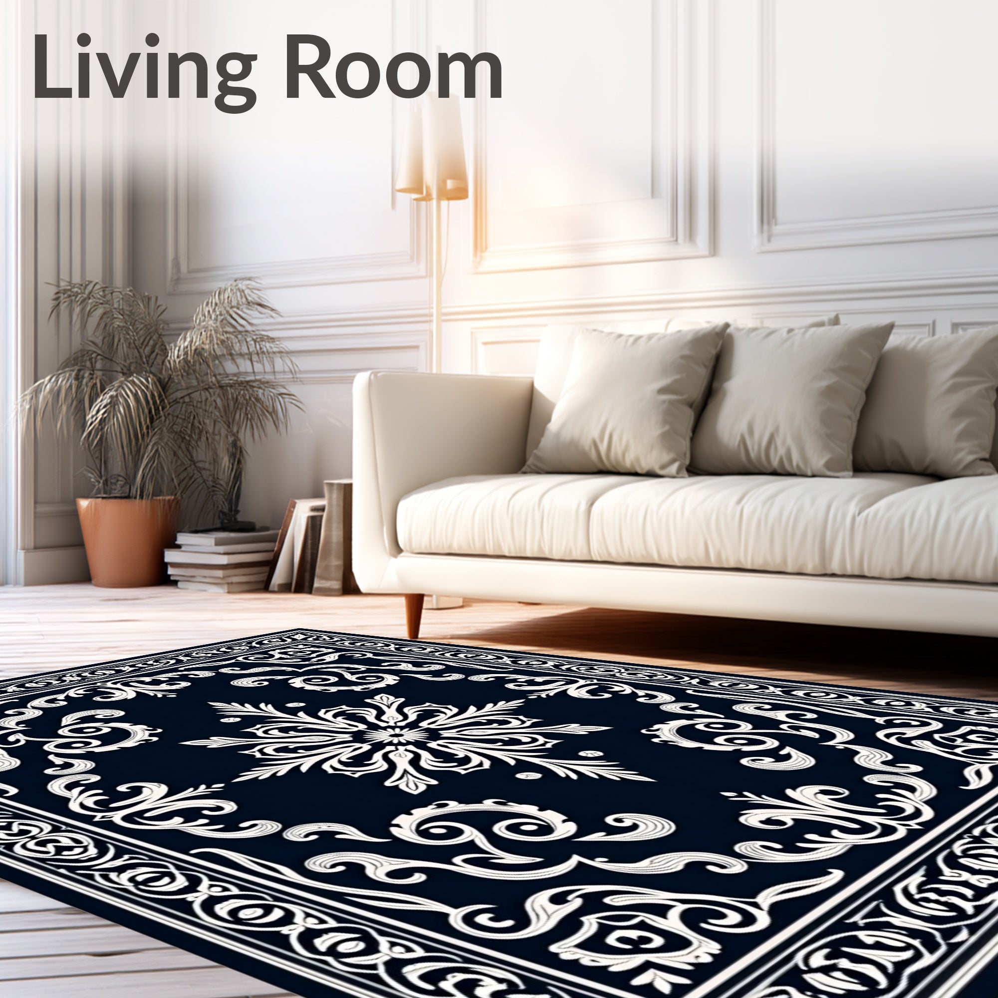 Dark Blue White Ornate Scroll Rug