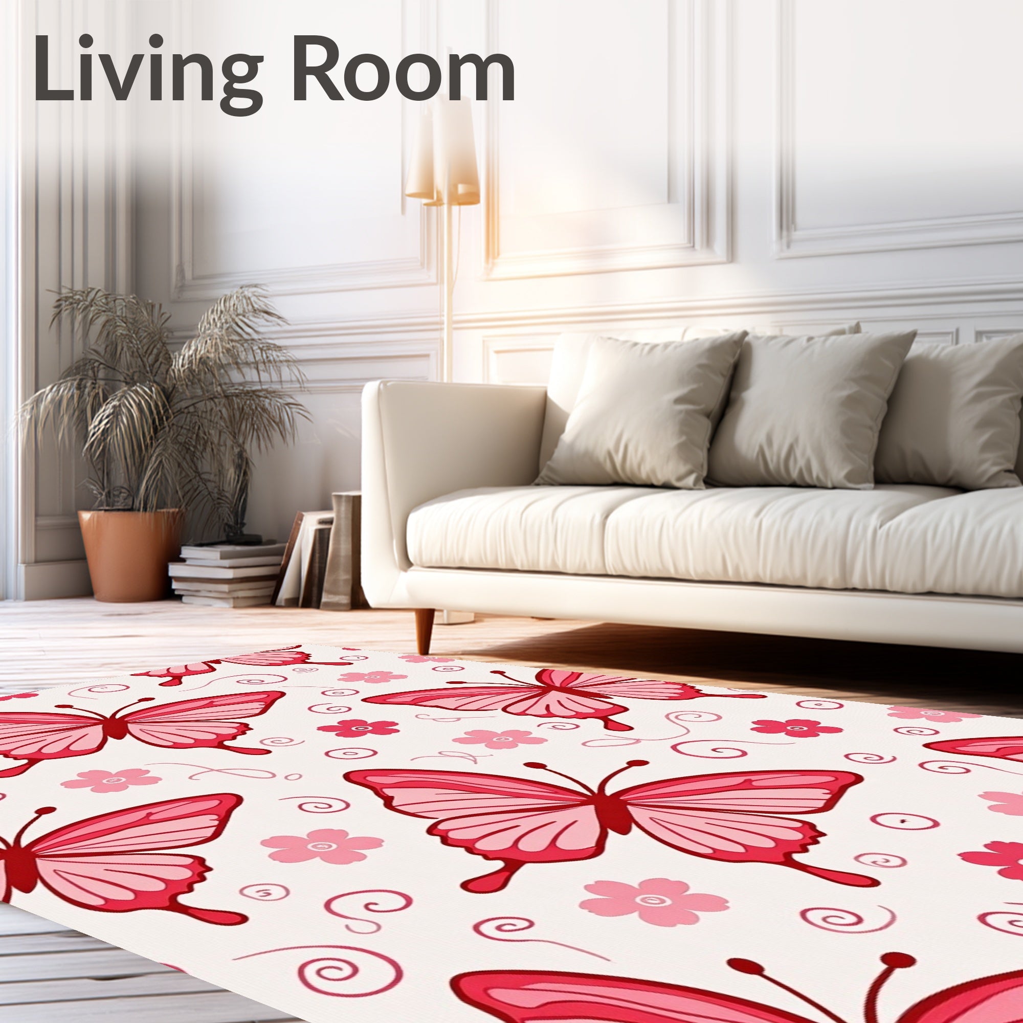 Pink Butterfly Floral Whimsical Rug