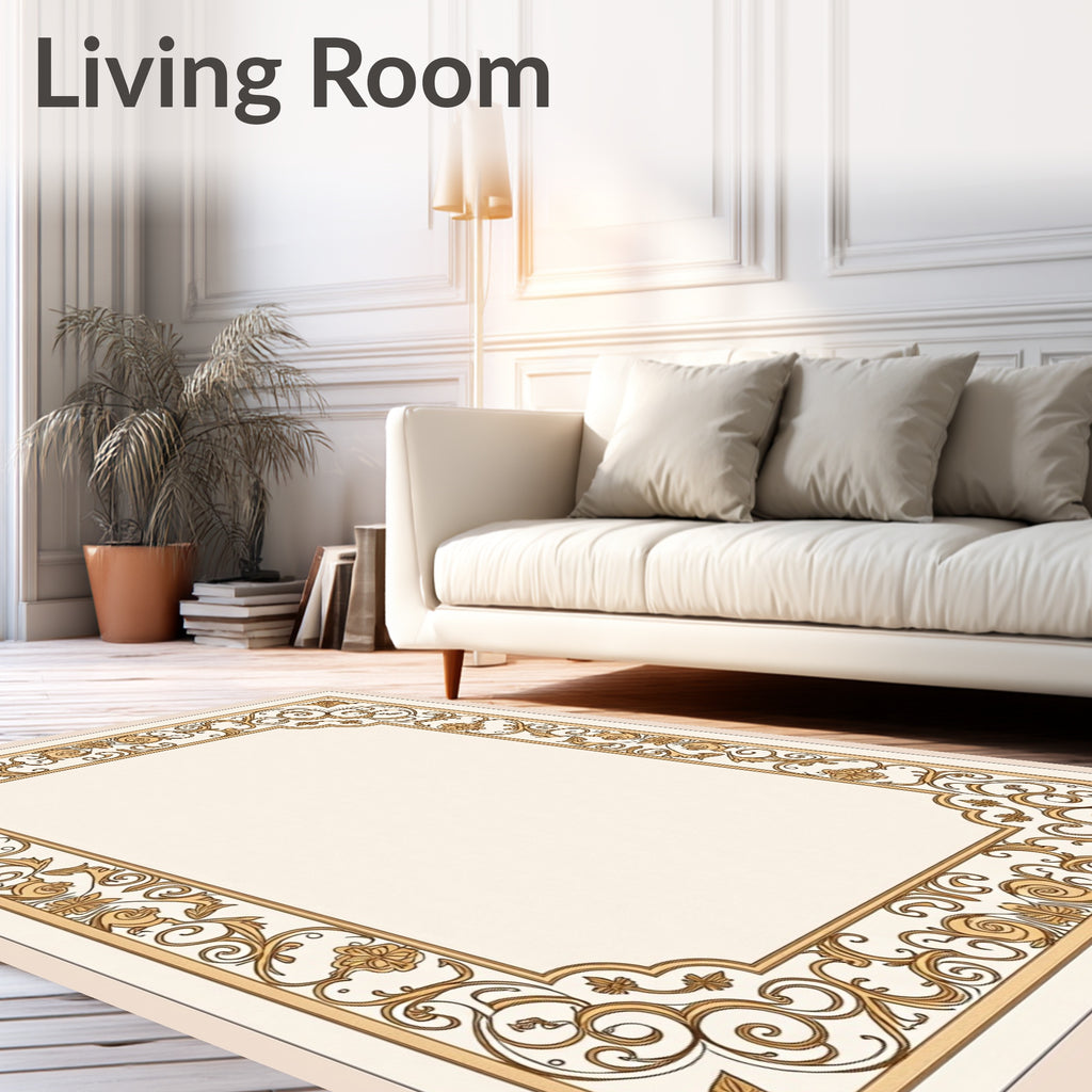 Ornate Gold Scrollwork Floral Border Rug