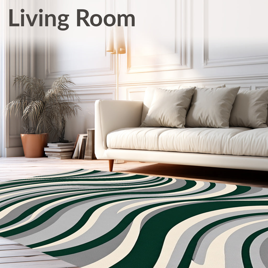 Dark Green Cream Gray Wavy Flow Rug