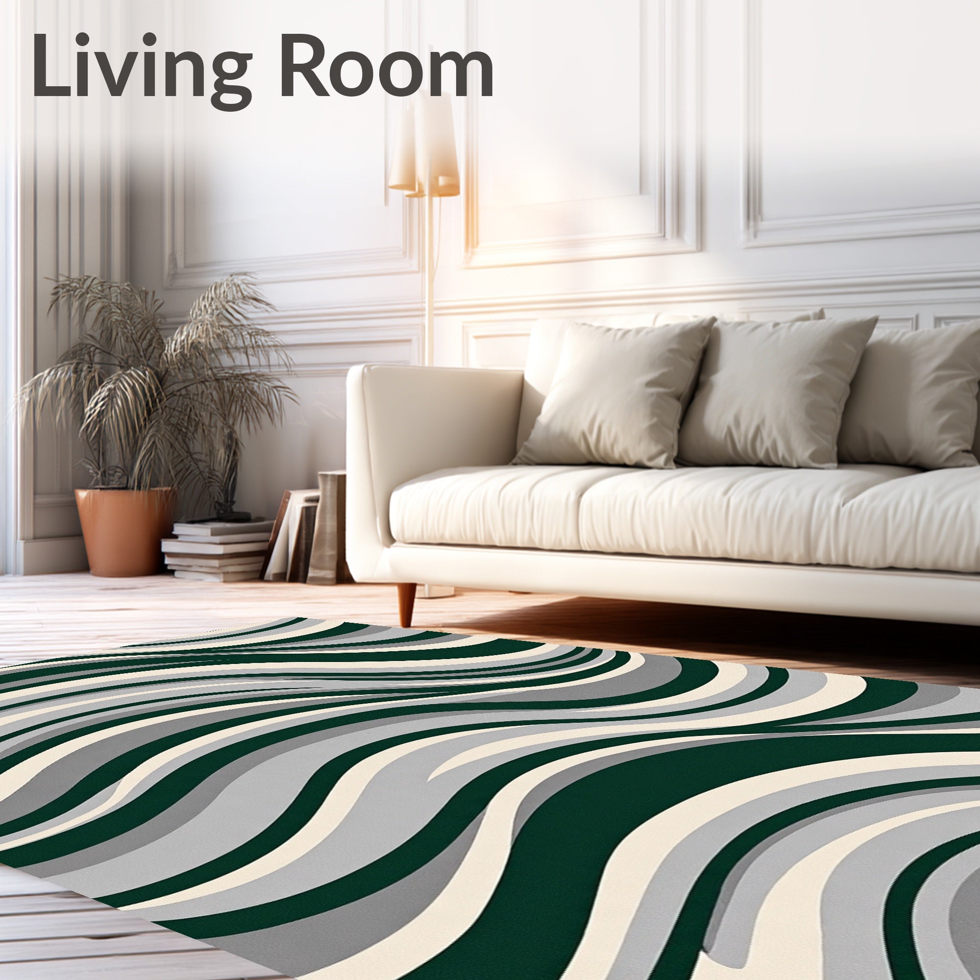Dark Green Cream Gray Wavy Flow Rug