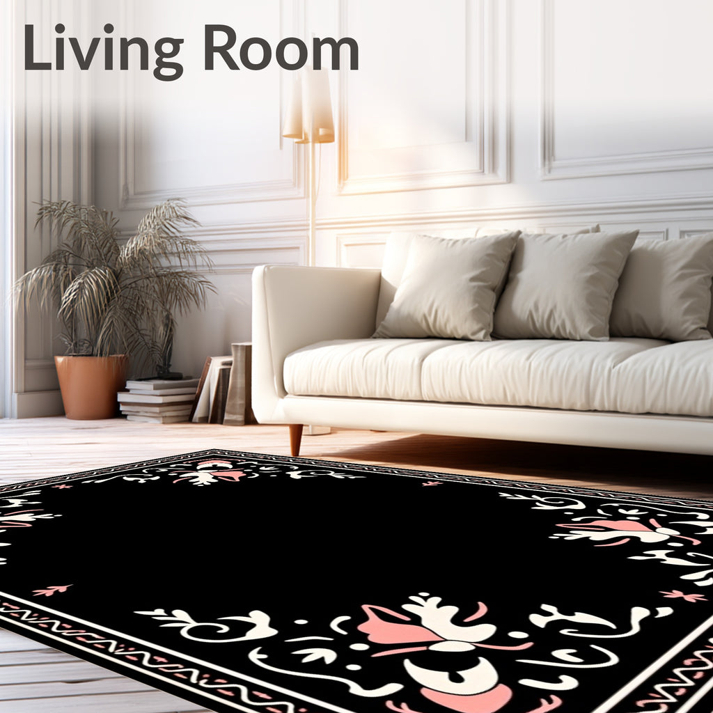 Black Pink Floral Border Art Rug