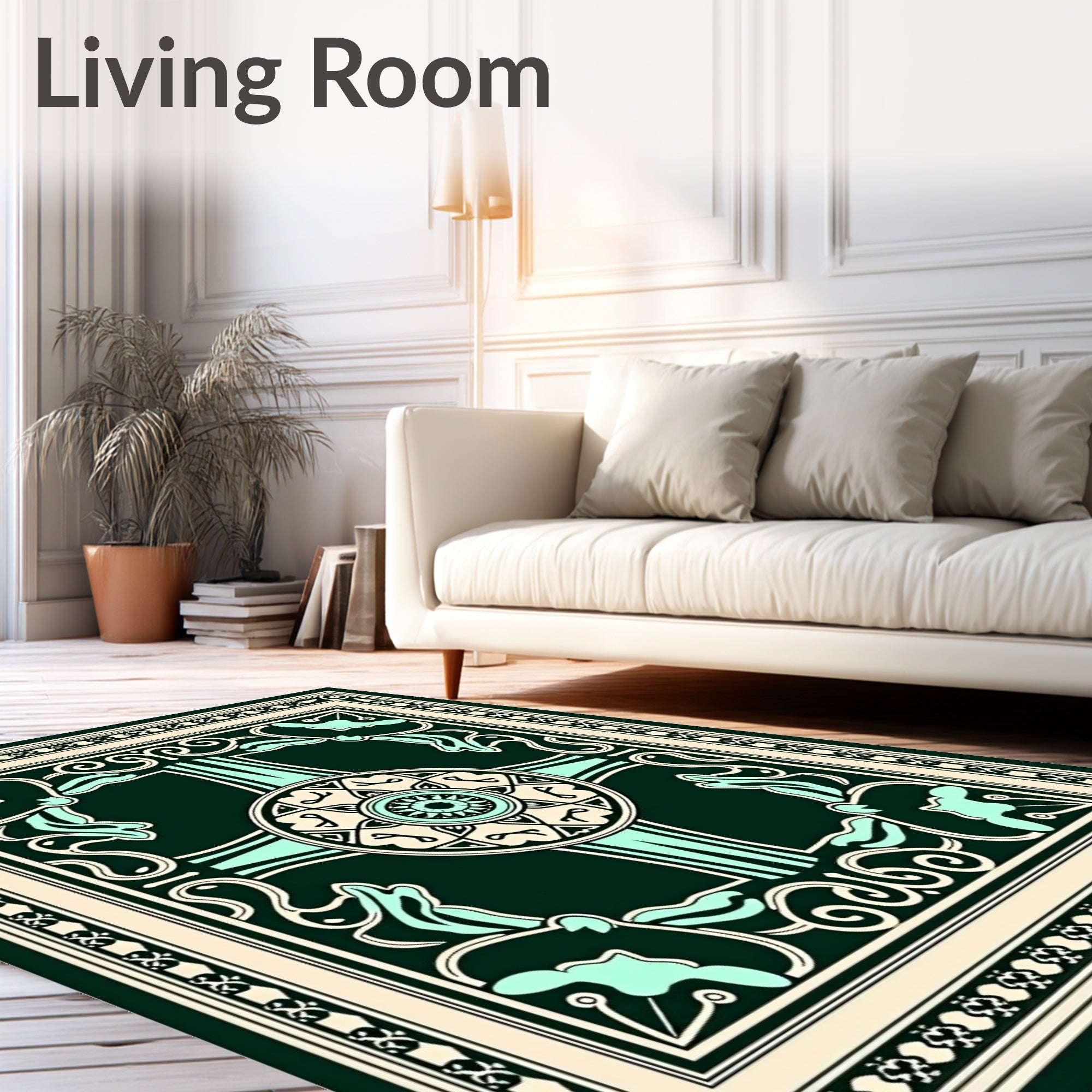 Emerald Cream Teal Floral Mandala Rug