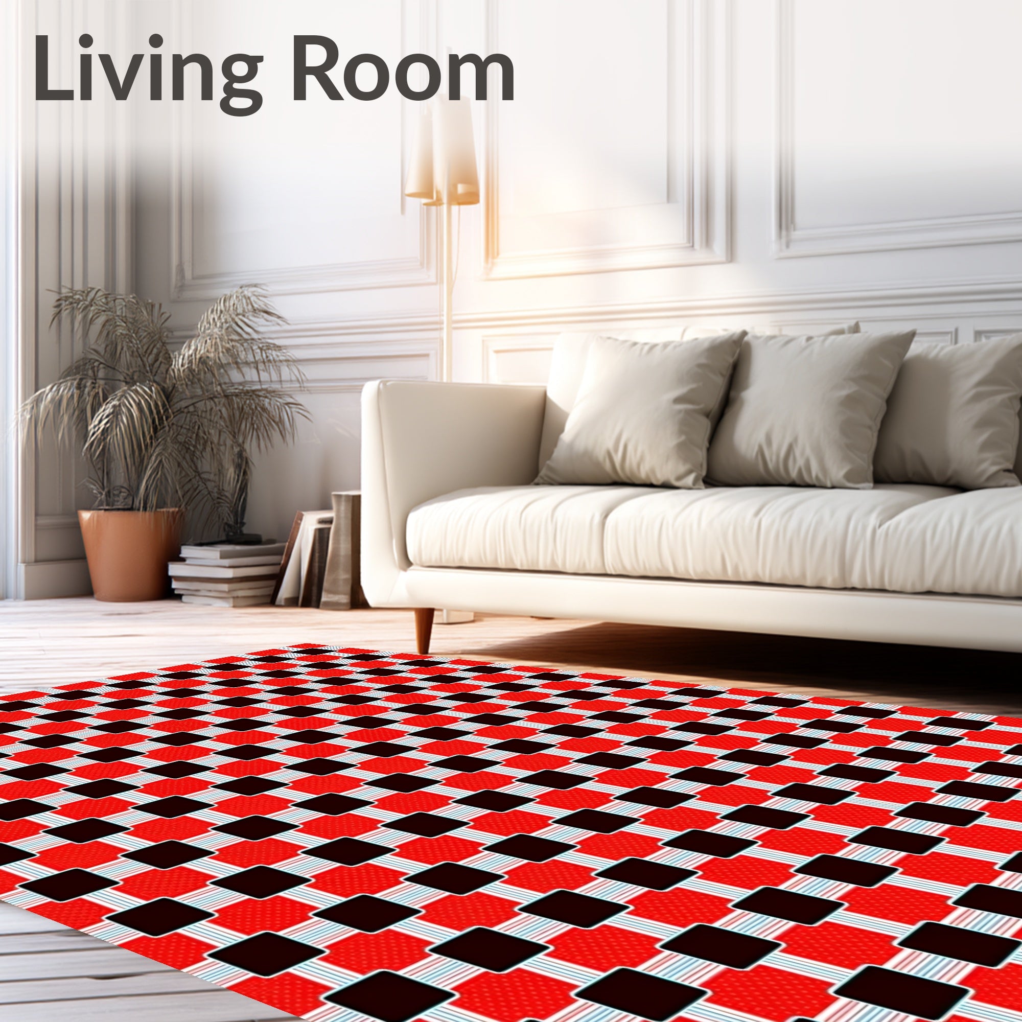 Bold Red Black Checkered Grid Rug