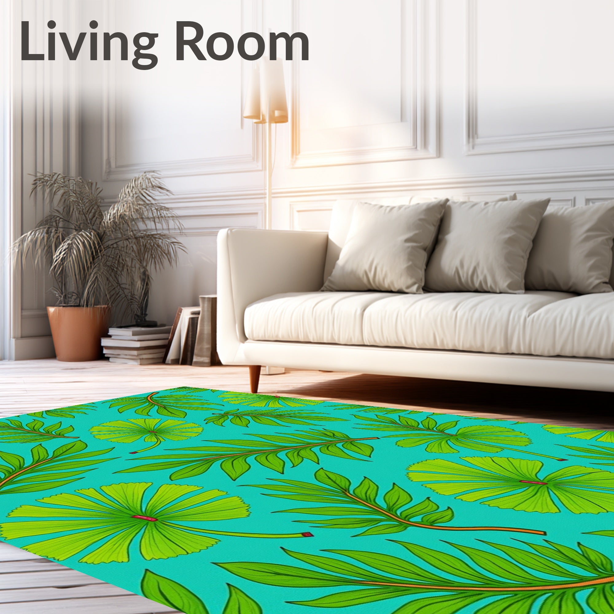 Vibrant Green Tropical Foliage Teal Rug