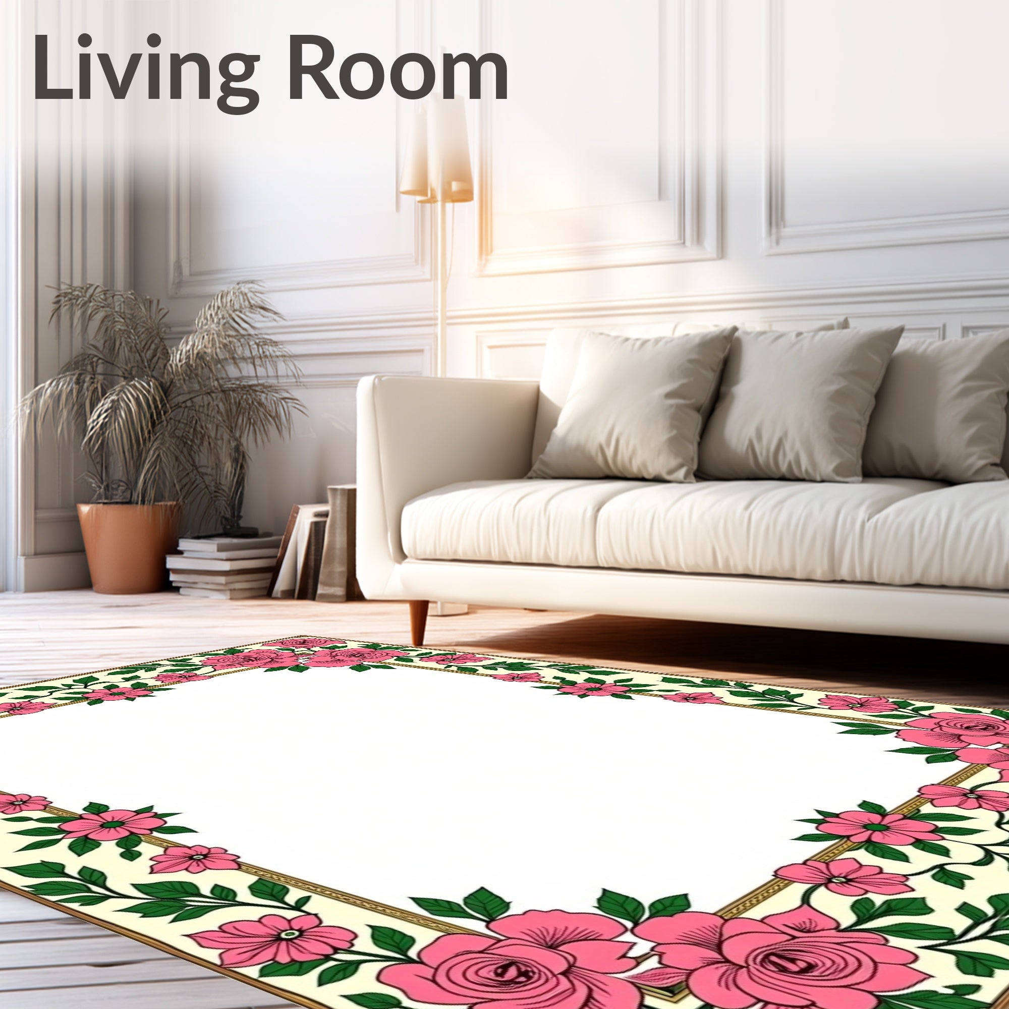 Elegant Pink Rose Floral Border Pattern Rug