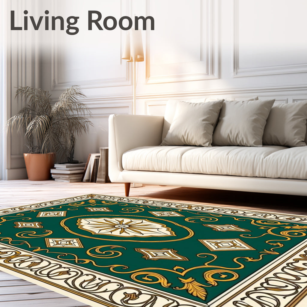 Ornate Teal Gold Scroll Pattern Rug