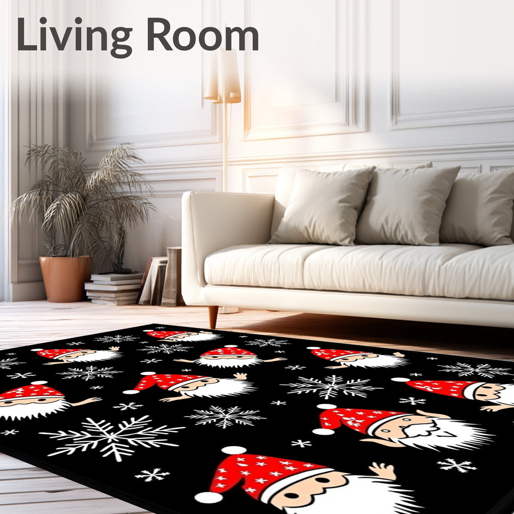 Festive Santa Snowflakes Black Background Rug