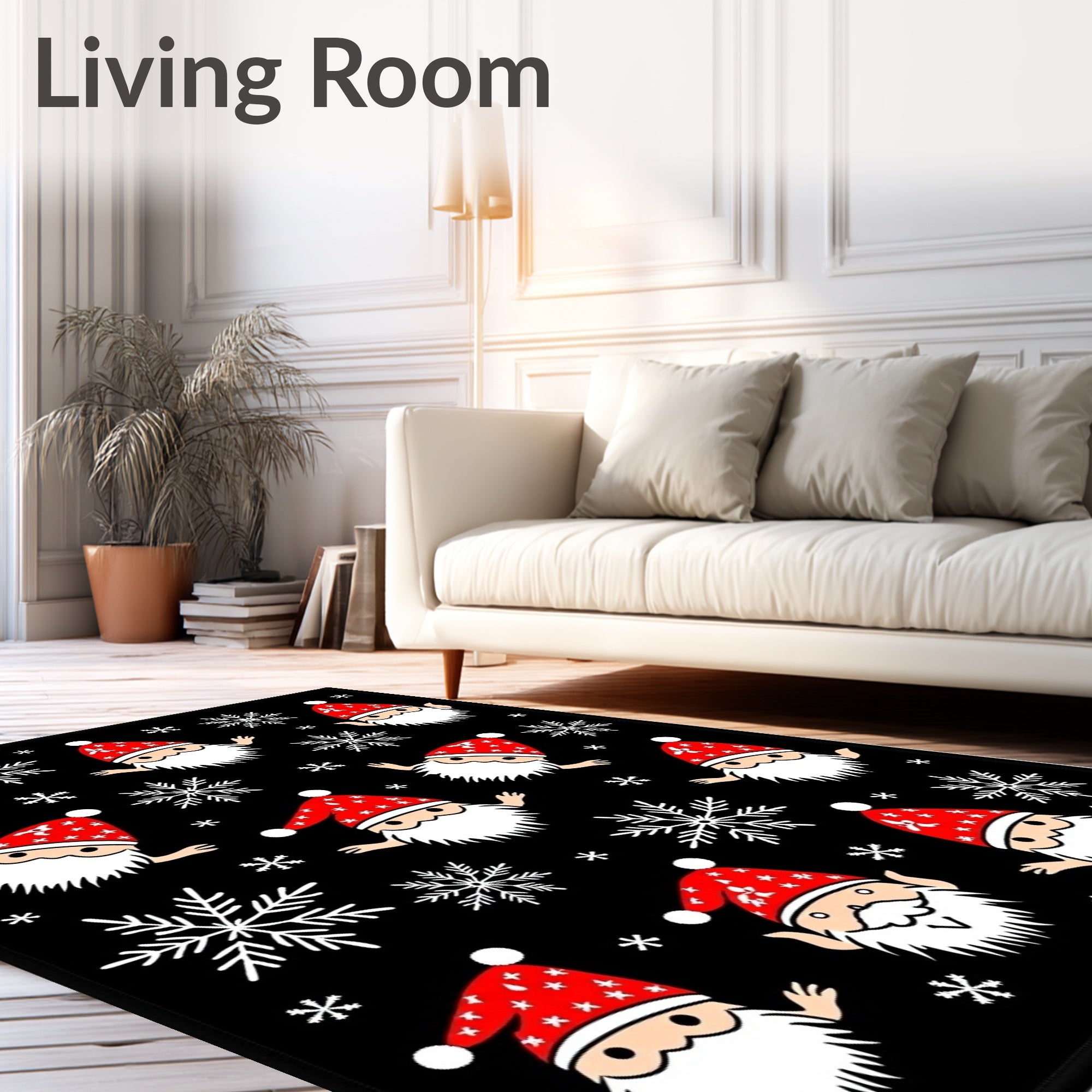 Festive Santa Snowflakes Black Background Rug