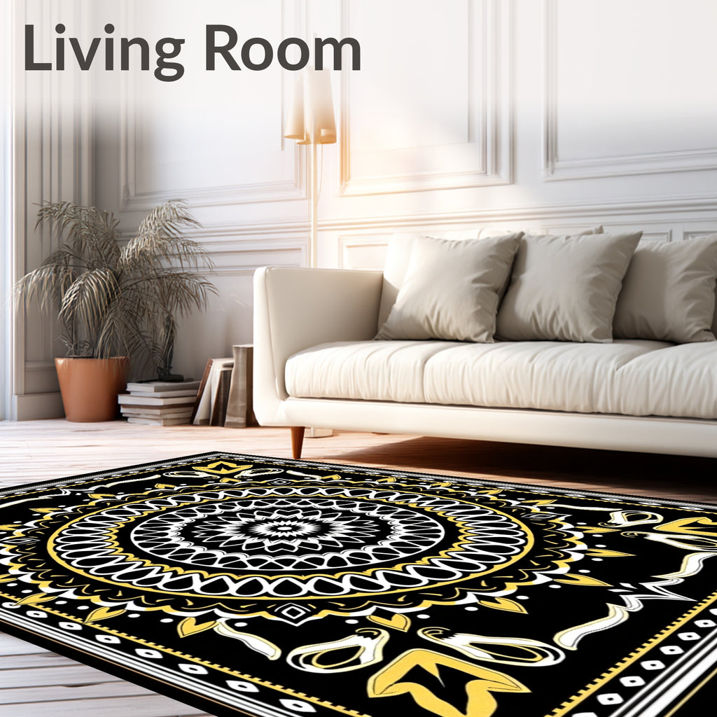 Bold Black Yellow Ornamental Mandala Rug