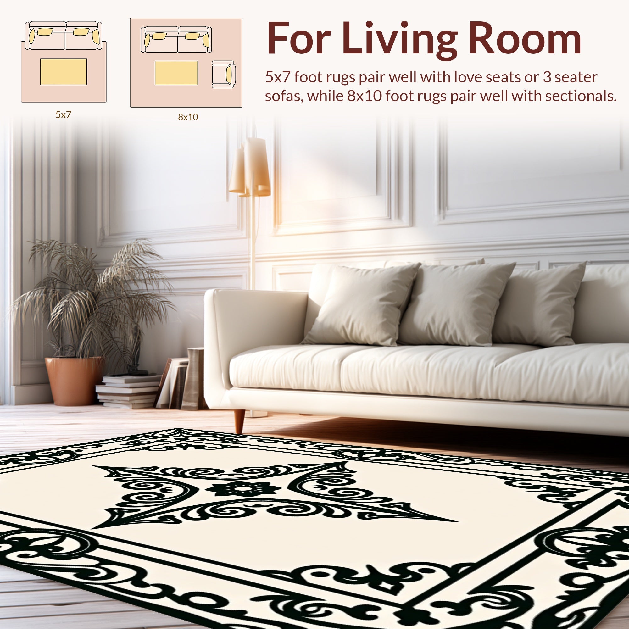 Ornate Black Cream Floral Medallion Rug