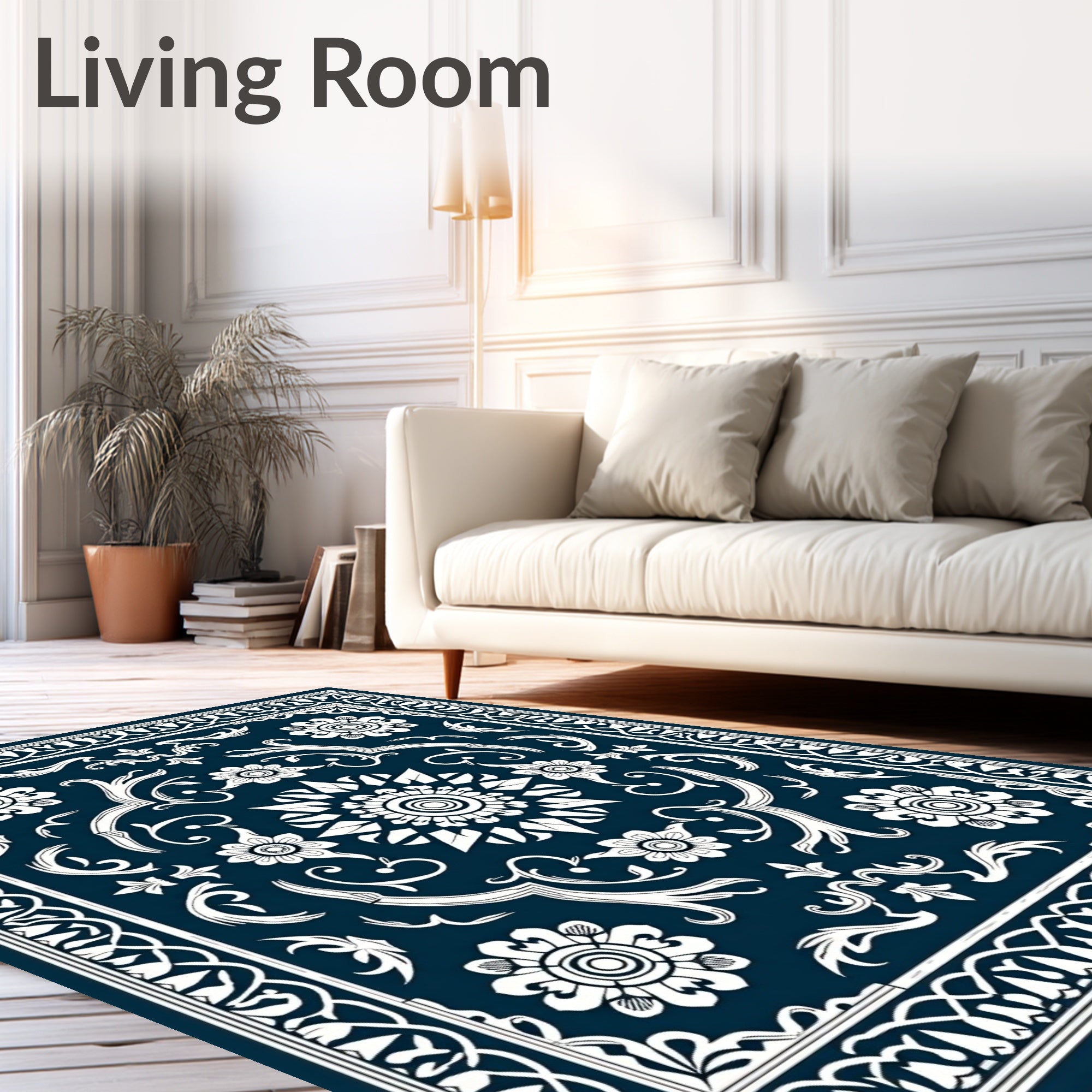 Dark Blue White Floral Intricate Design Rug