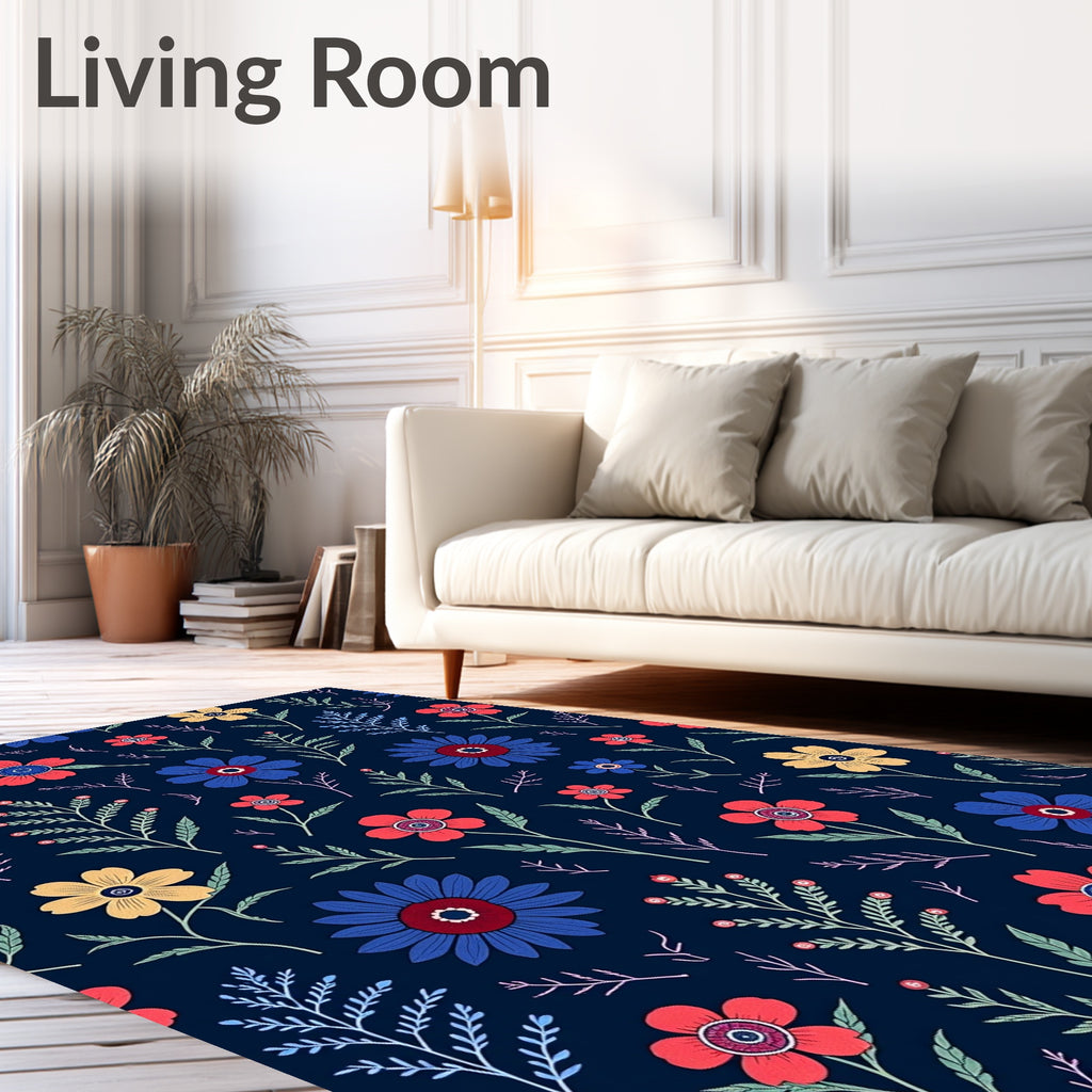 Floral Pattern With Red Blue Yellow Flowers Rug