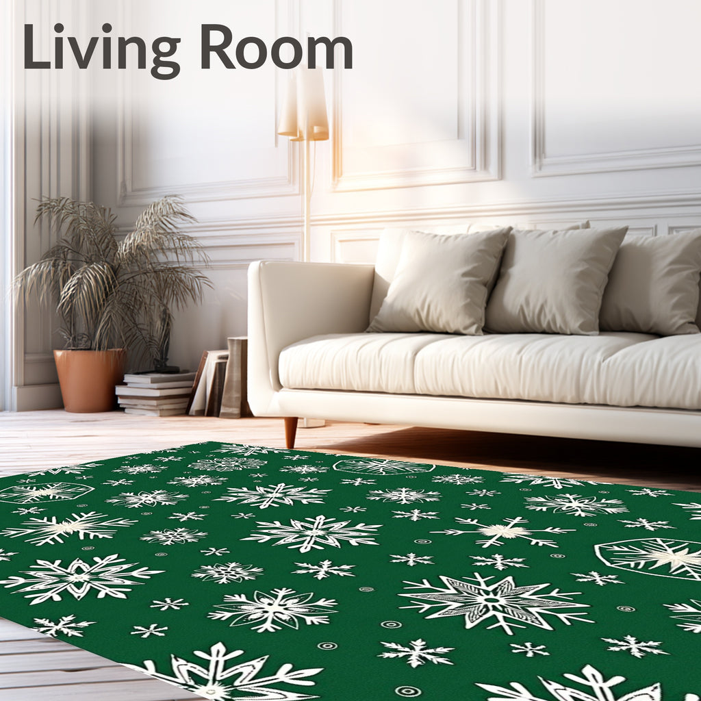 White Snowflake Patterned Green Rug