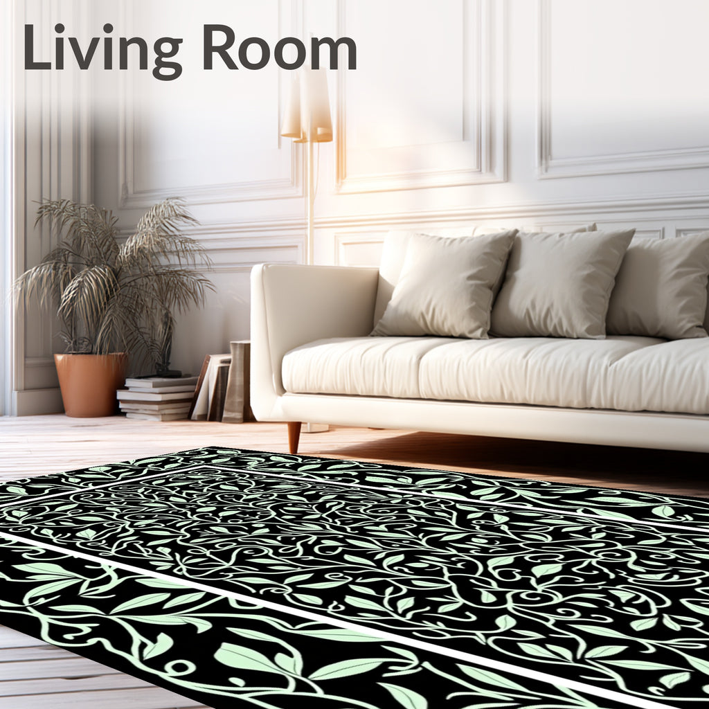 Black Light Green Botanical Vine Accents Rug