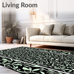 Black Light Green Botanical Vine Accents Rug