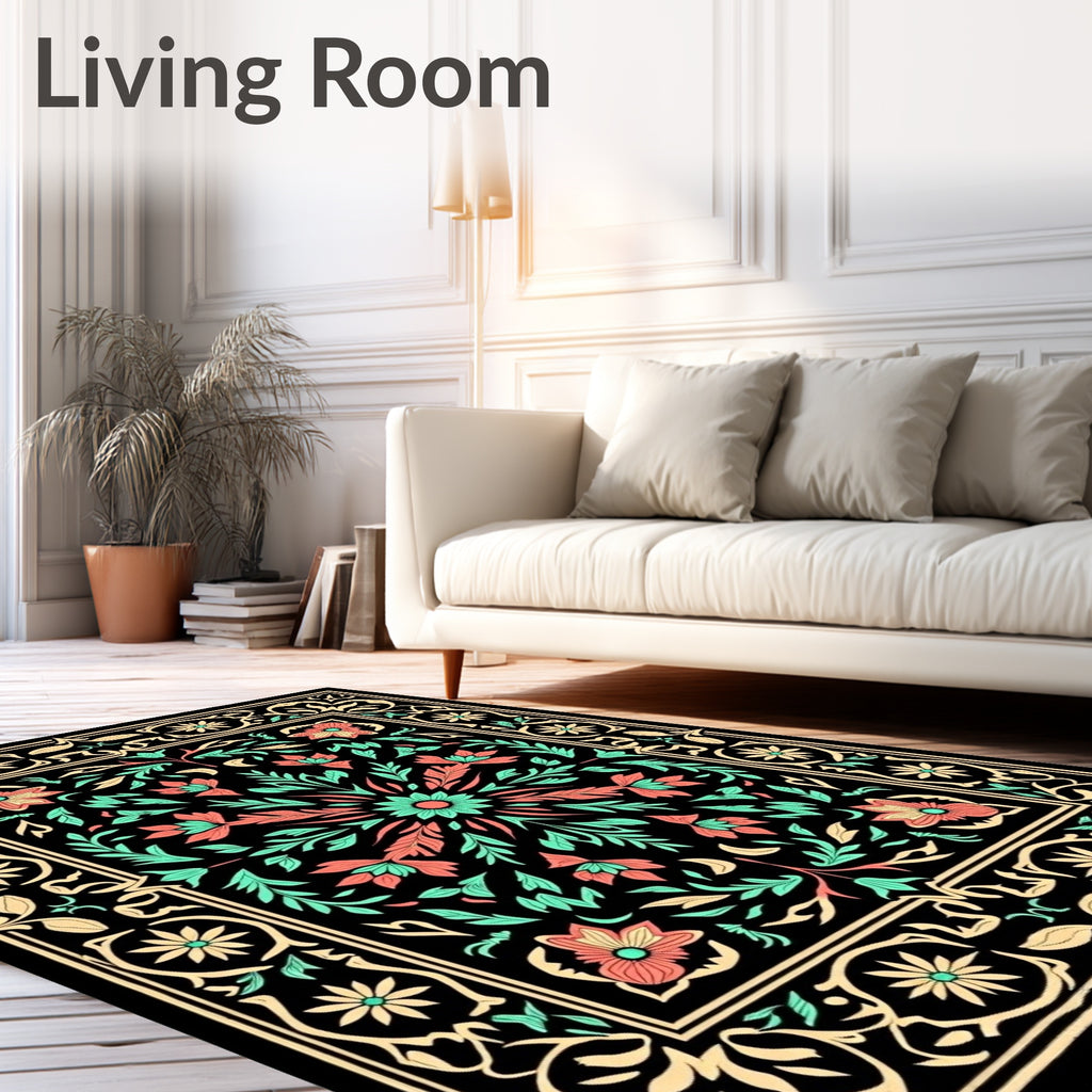 Black Coral Mint Floral Scroll Rug