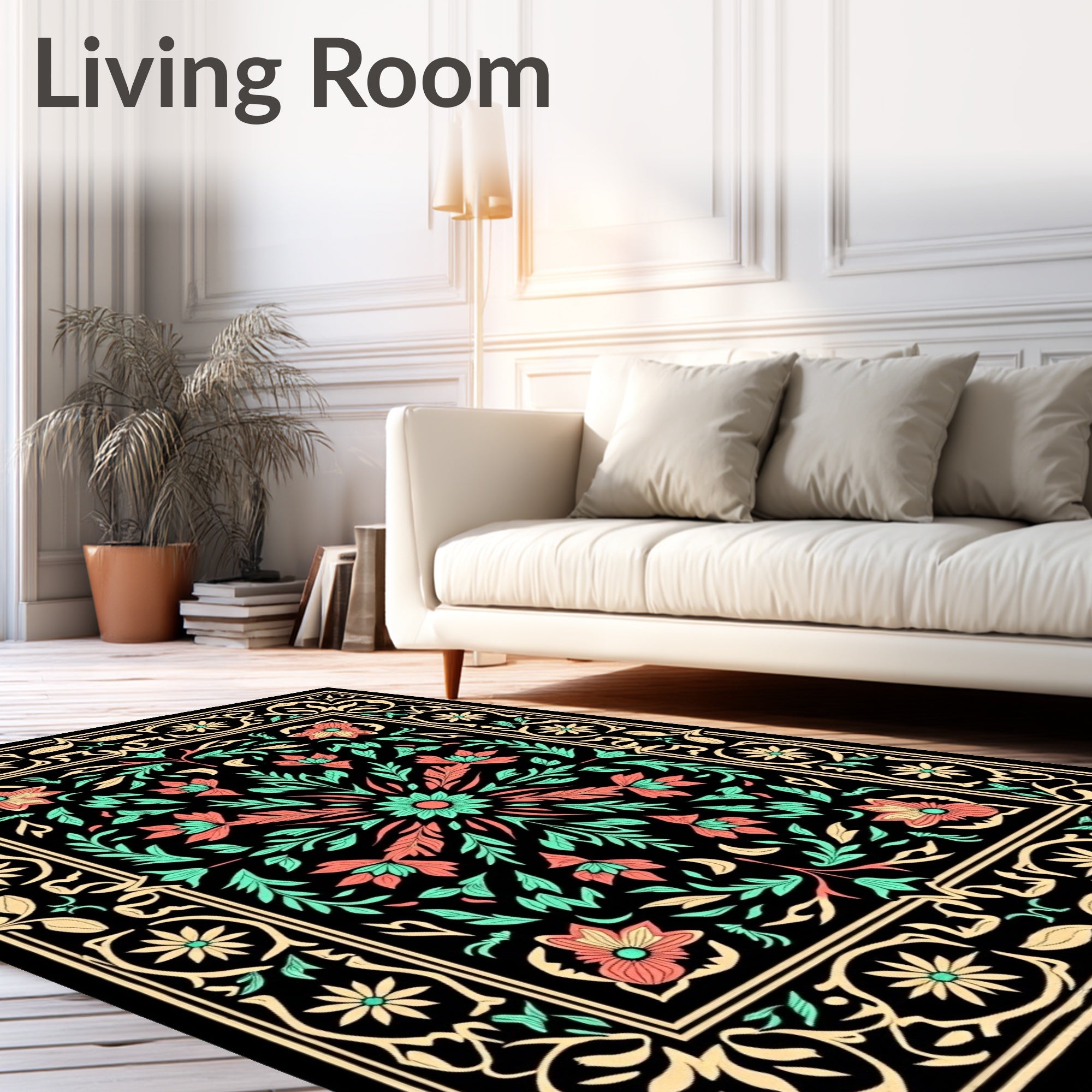 Black Coral Mint Floral Scroll Rug