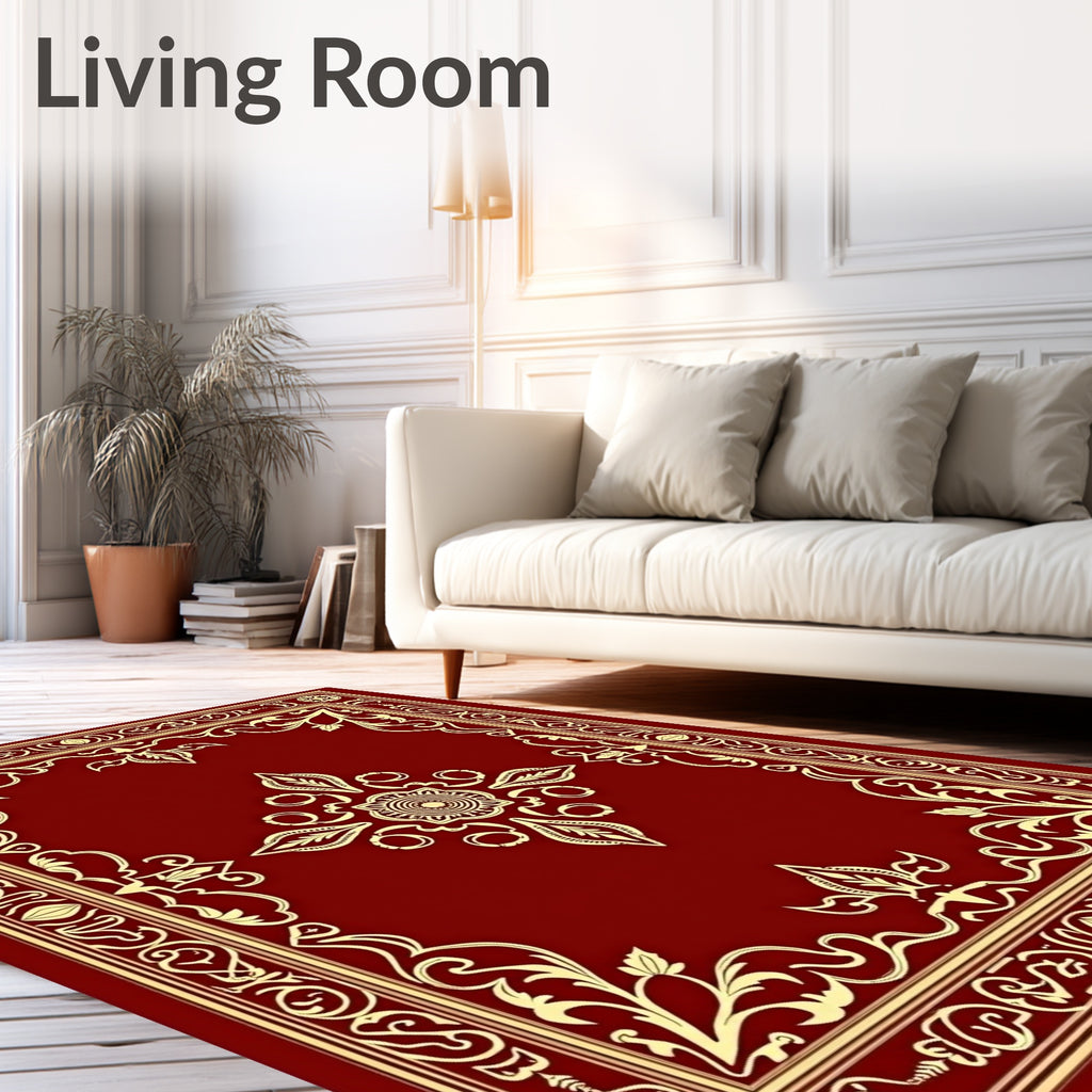 Ornate Red and Gold Floral Border Rug
