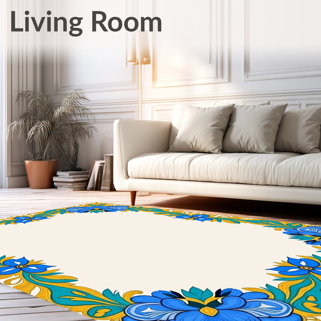 Vibrant Blue Floral Golden Border Rug