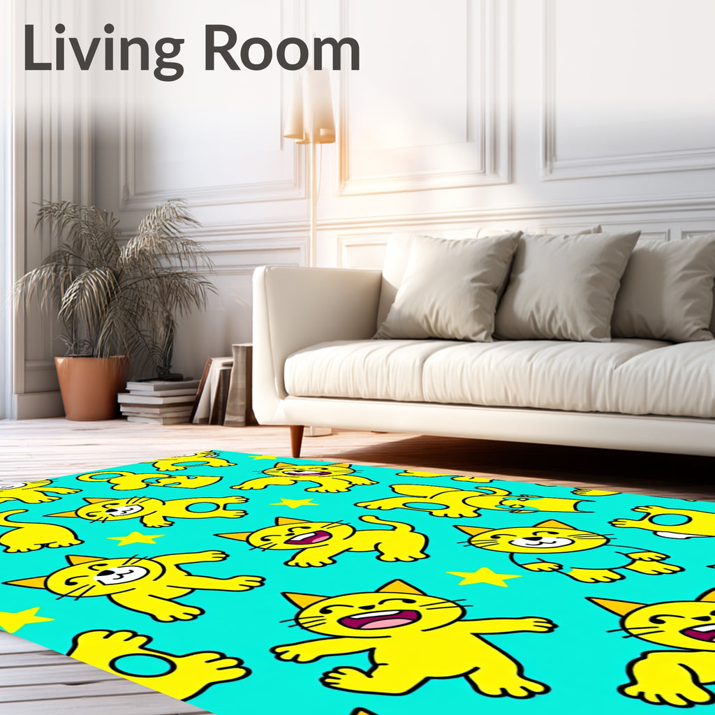 Playful Yellow Cat Star Pattern Rug