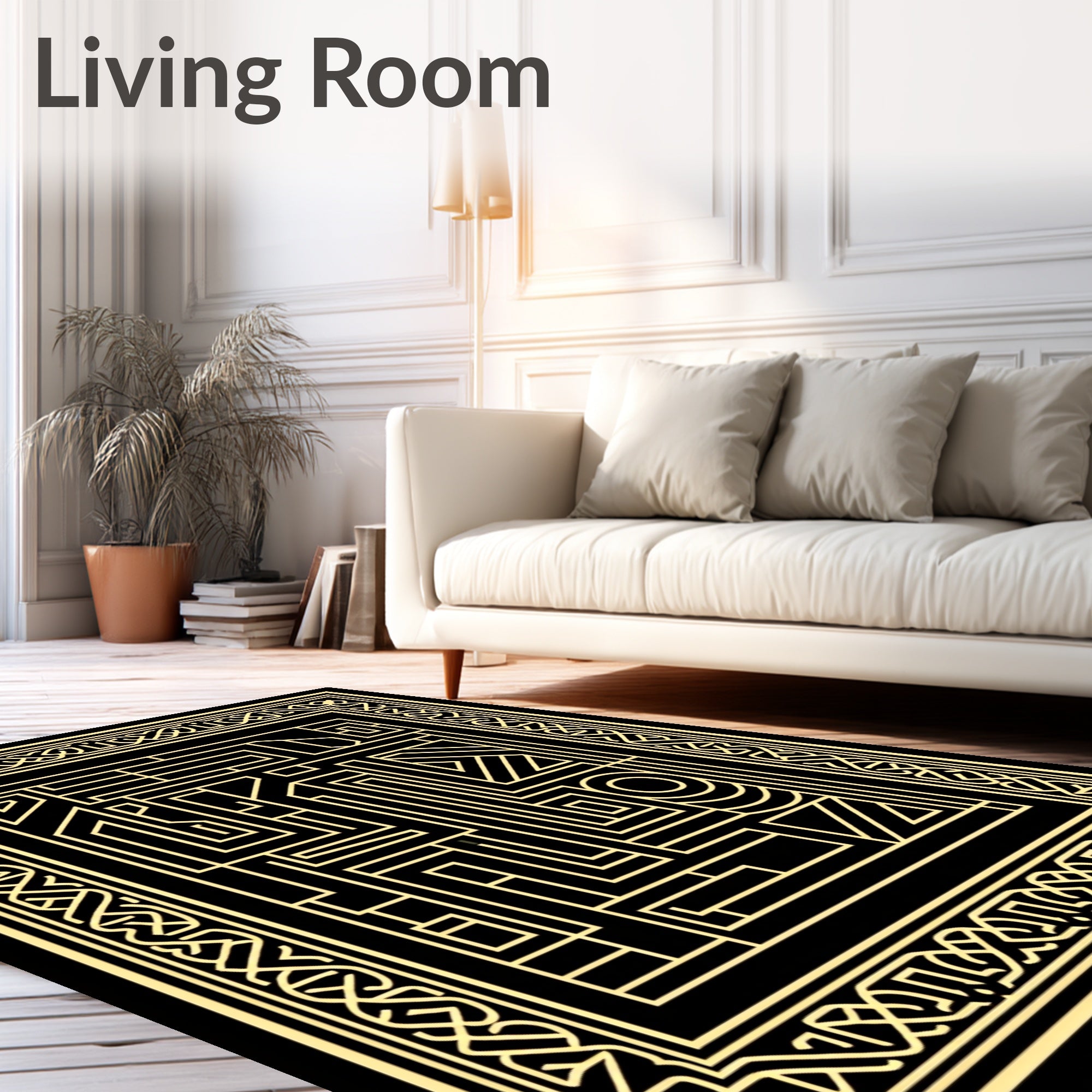 Intricate Gold Linear Maze Pattern Rug